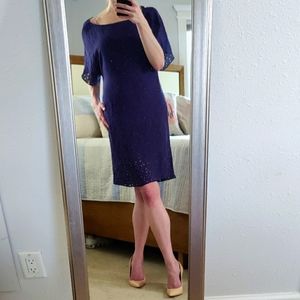 Elizabeth & James Silk Chiffon Eyelet Shift Dress in Navy